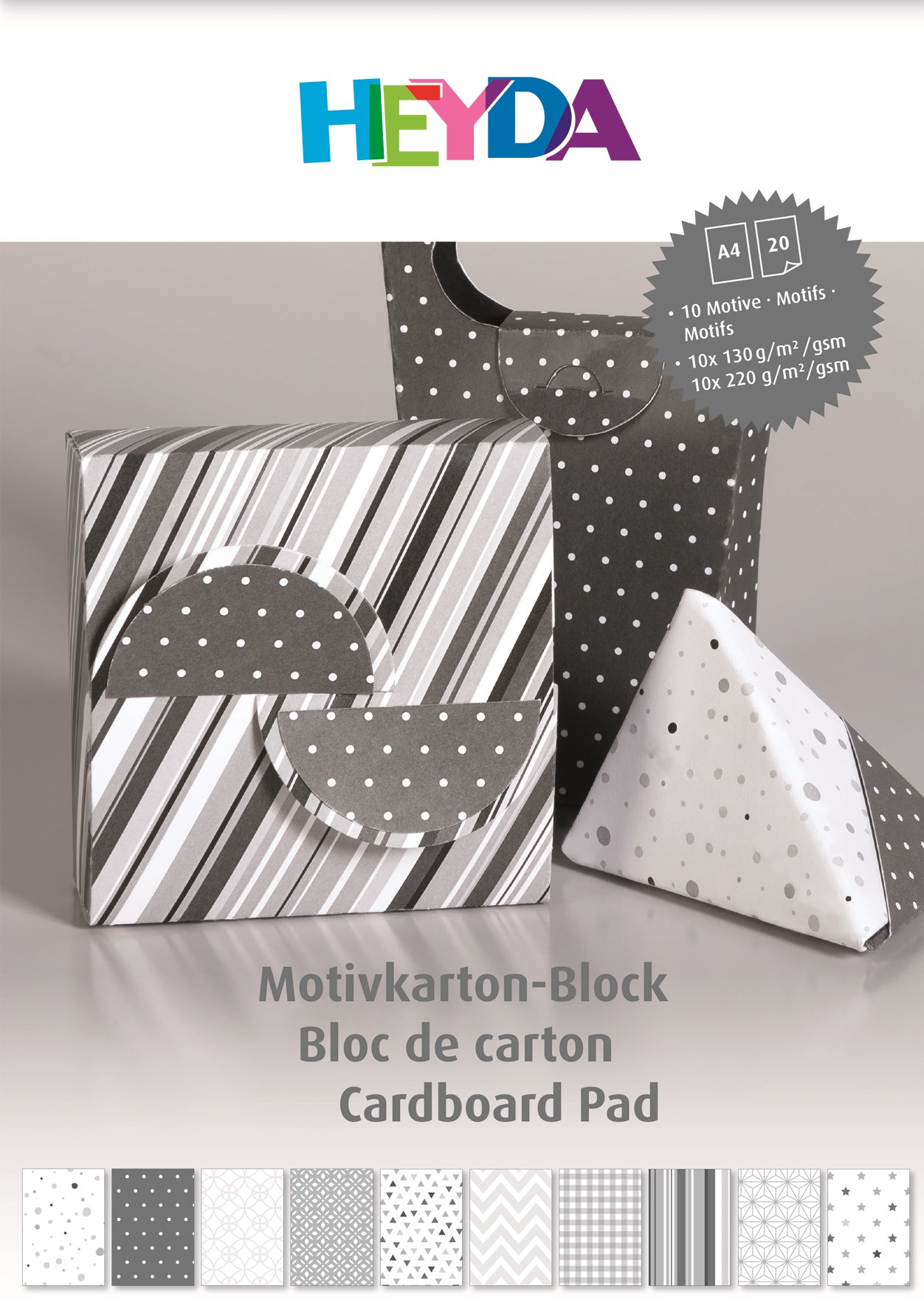 Blok barevných papírů A4 s motivy, 20 listů, antracitový mix