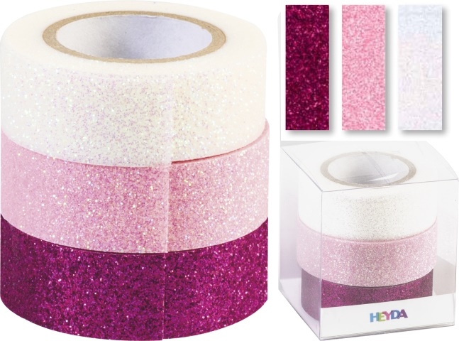 Páska lepicí papírová 3ks - Glitr pink/růž/bílá