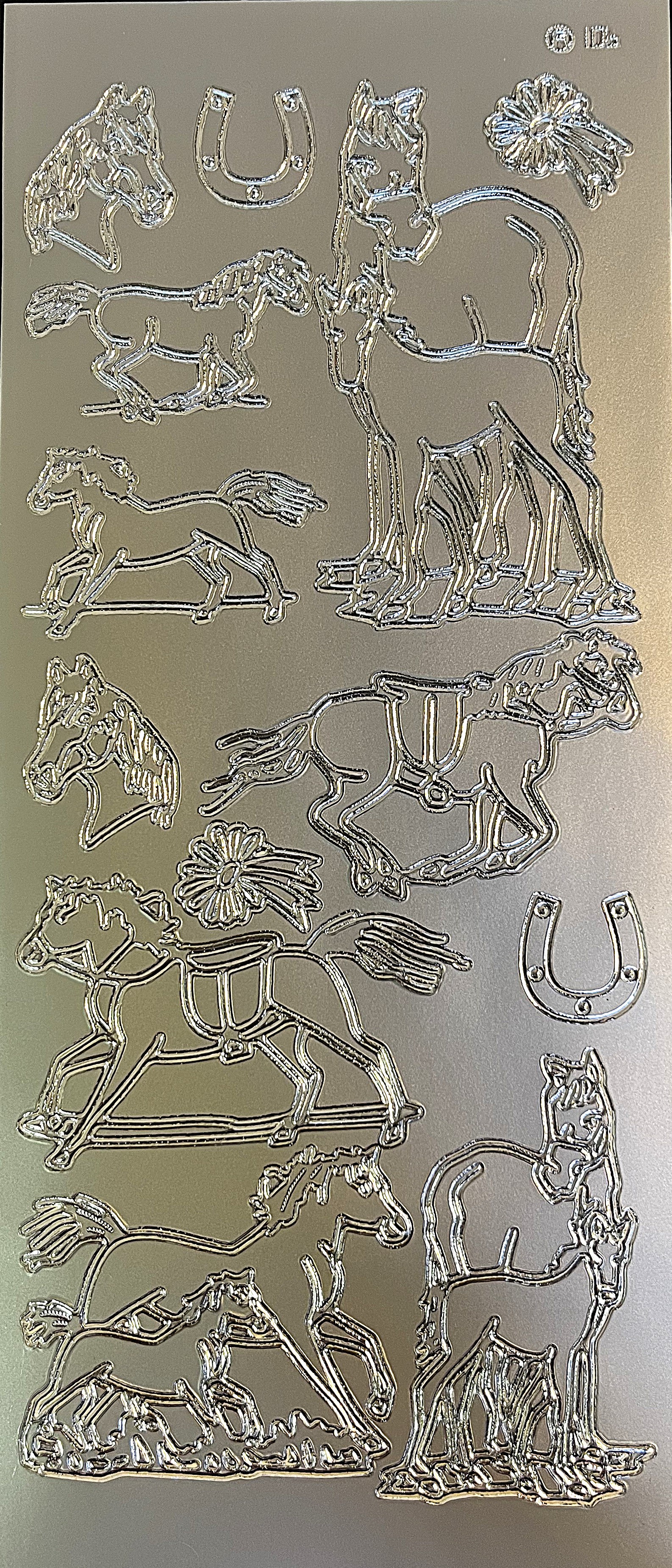 Obrysové samolepky 5ks, 10x23 cm  - koně, stříbrné