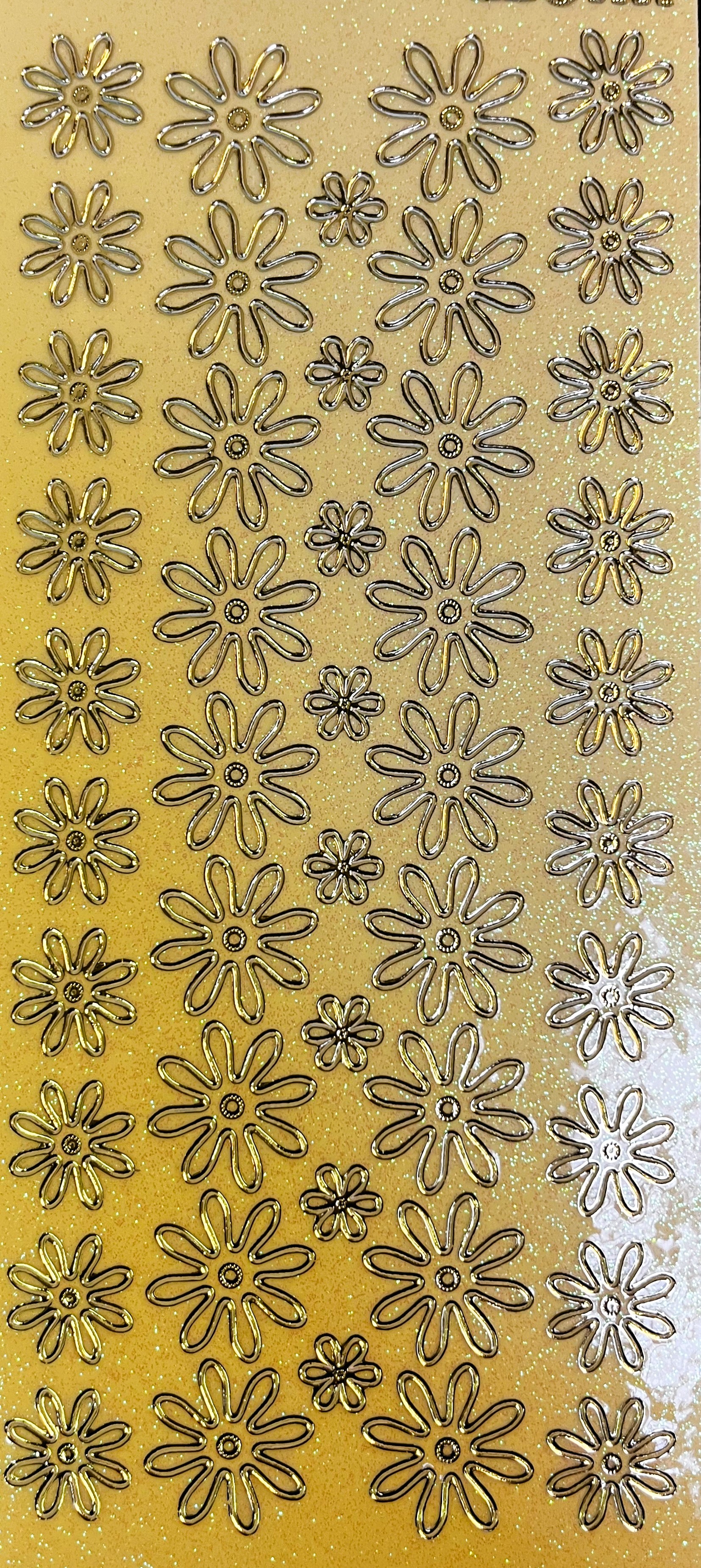 Obrysové samolepky 5ks, 10x23 cm - květy žlutý třpyt, zlaté