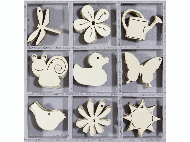 Dřevěné ozdoby v boxu 45ks - zahrádka