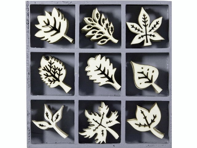 Dřevěné ozdoby v boxu 45ks - listy