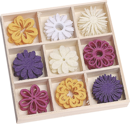 Filcové ozdoby v boxu 45ks - kytičky pestré