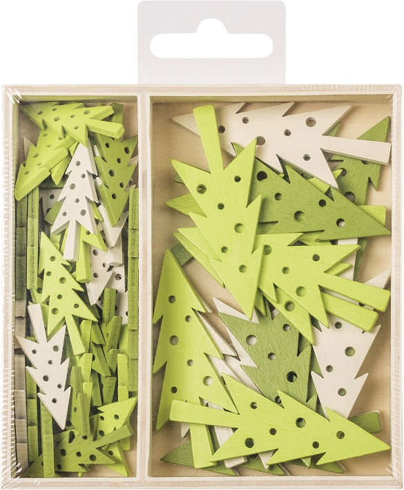 Dřevěné ozdoby v boxu 54 ks - stromečky