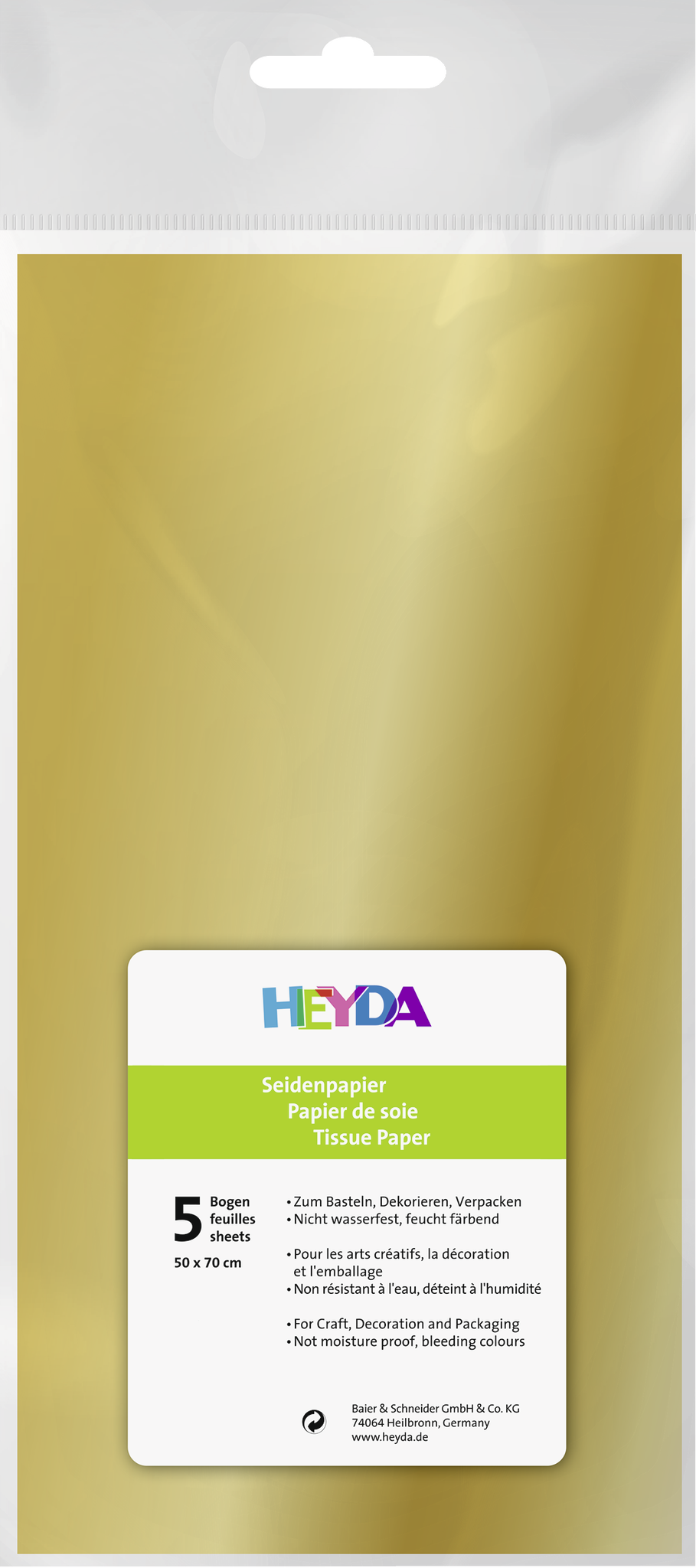 Hedvábný papír 50x70 zlatý, jednostranný, 5 listů