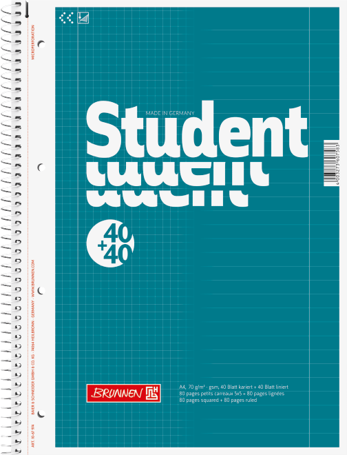 Student blok A4 70g duo, 40+40 listů, linka+čtver., spirála
