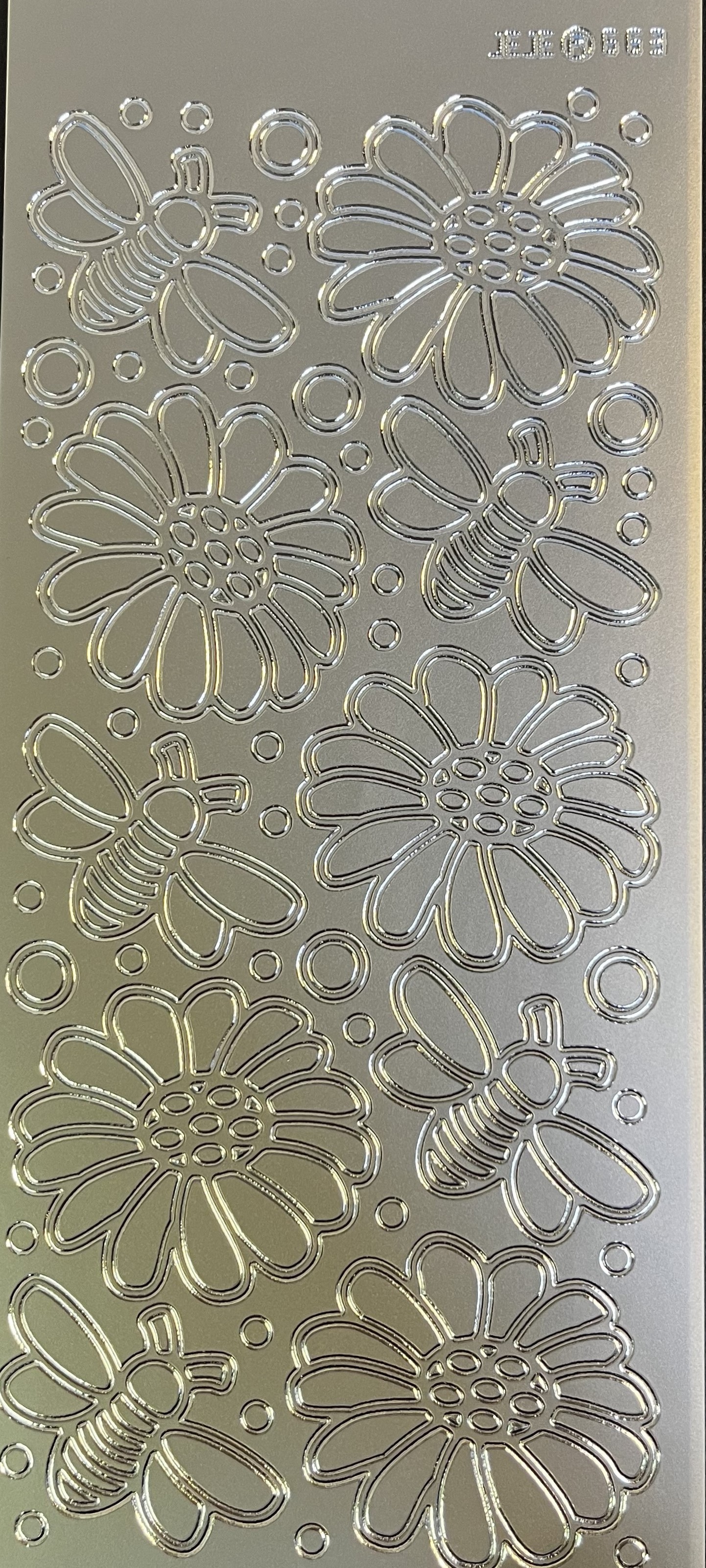 Obrysové samolepky 5ks, 10x23 cm - květy a včely, stříbrné