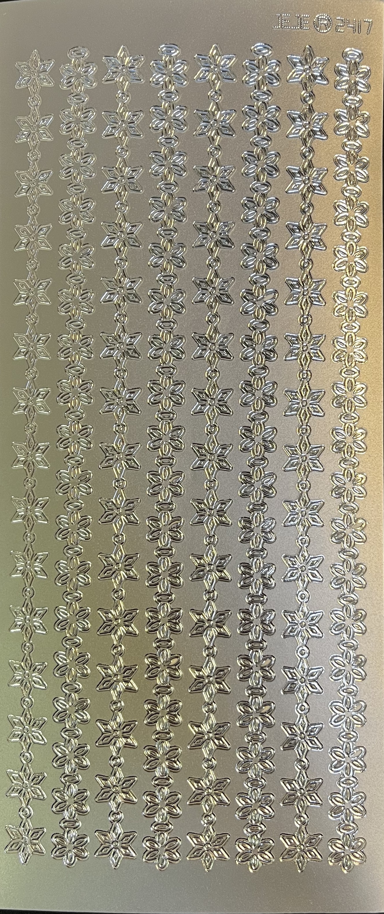 Obrysové samolepky 5ks, 10x23 cm - bordura květy v řadě, stříbrné
