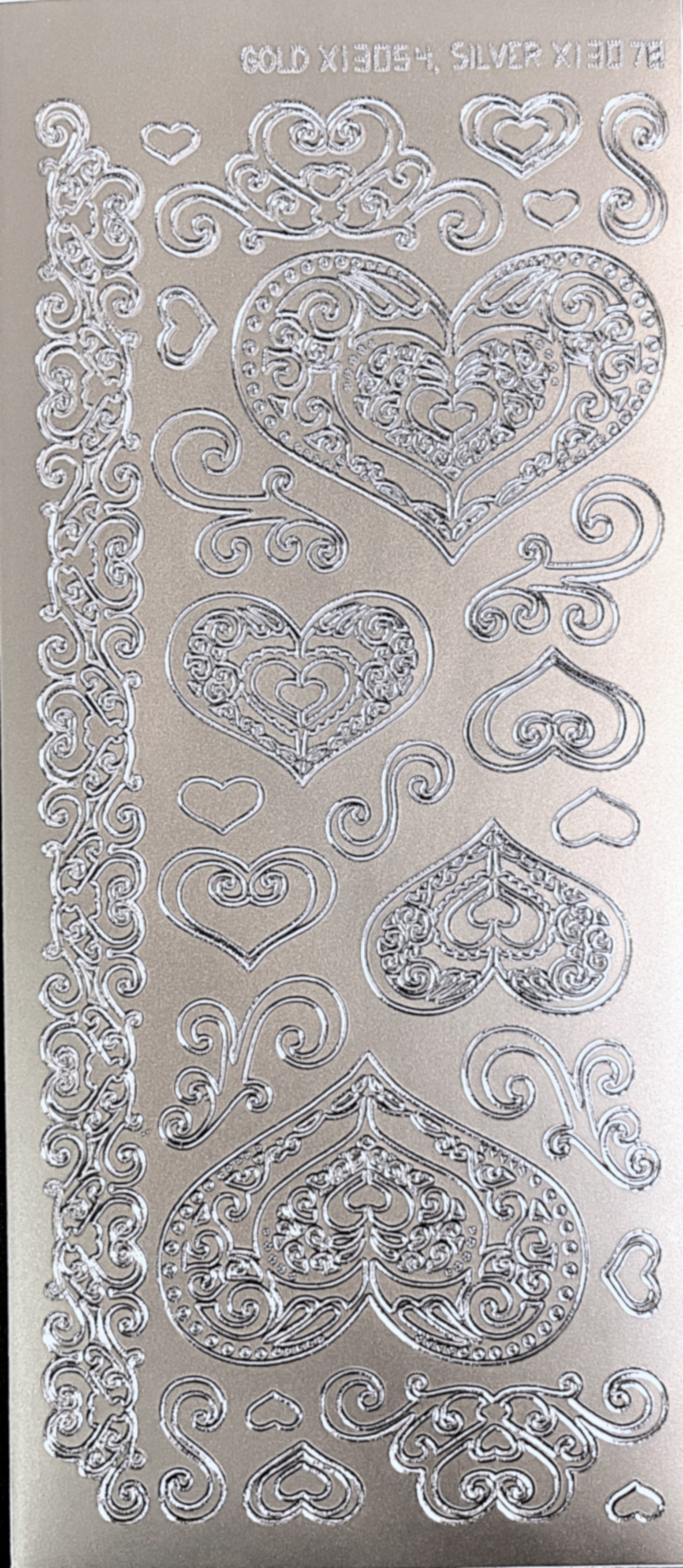 Obrysové samolepky 5ks, 10x23 cm - srdce+bordura, stříbrné