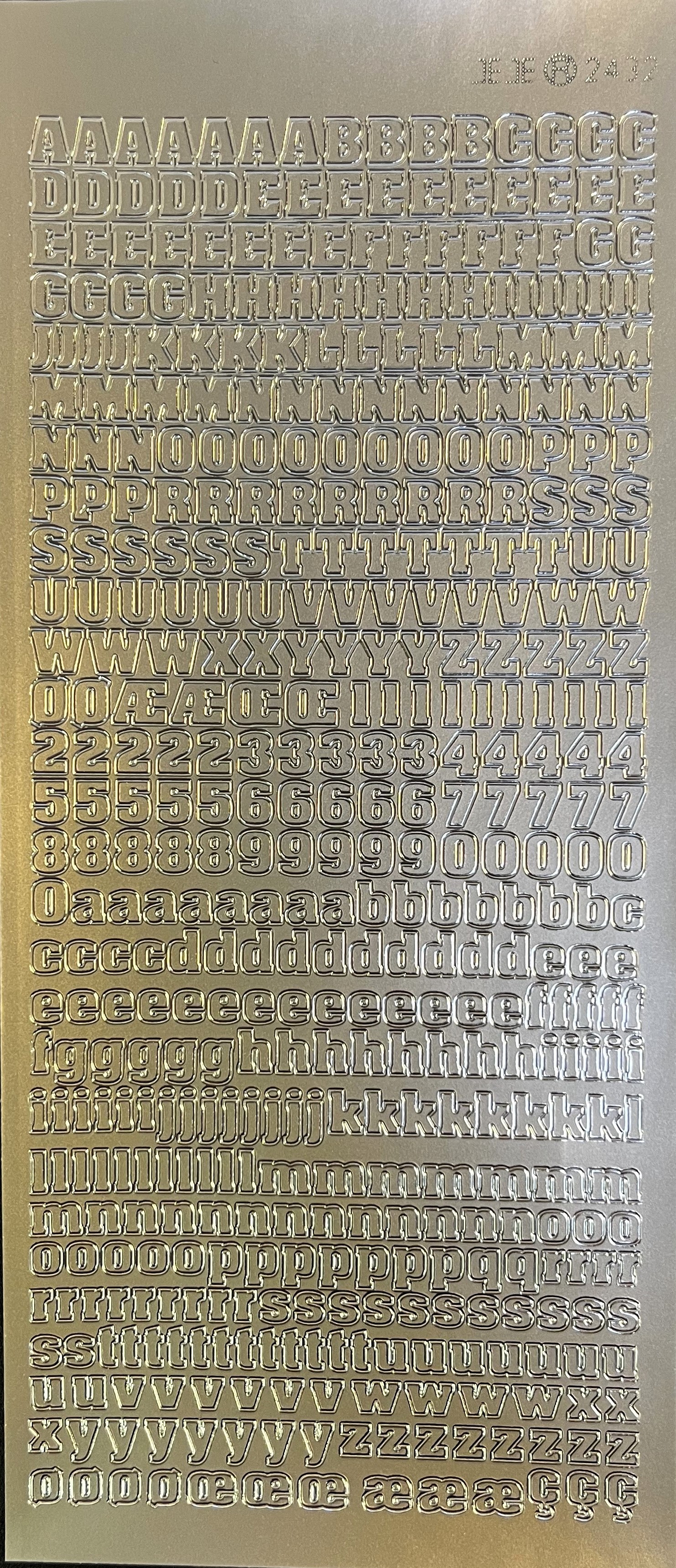 Obrysové samolepky 5ks, 10x23 cm - písmena+čísla, stříbrné