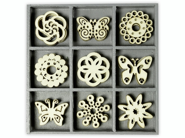 Dřevěné ozdoby v boxu 45ks - motýlci