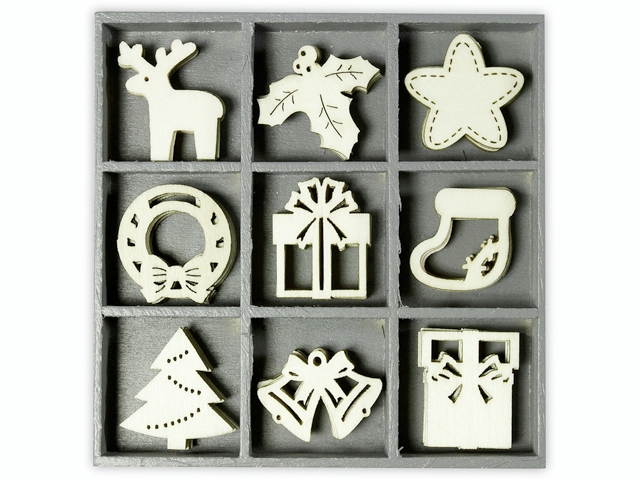 Dřevěné ozdoby v boxu 45ks - vánoce