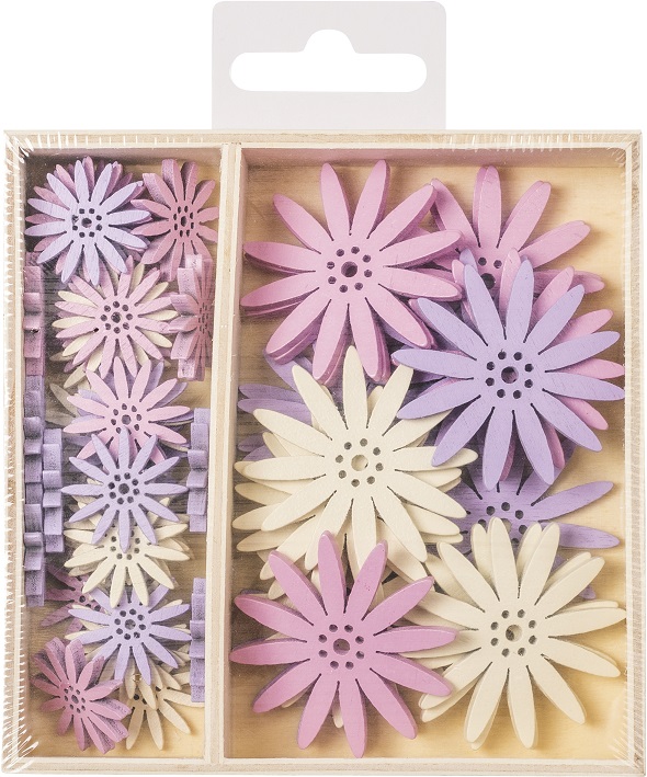 Dřevěné ozdoby v boxu 54 ks - kytičky