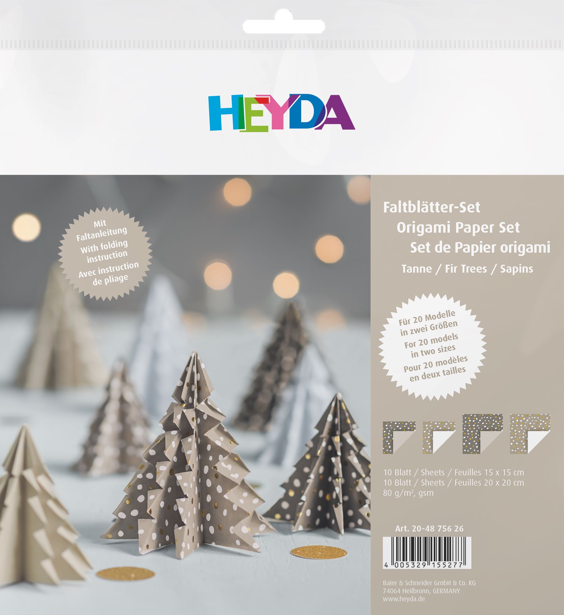 Sada origami papírů 20x20 a 15x15 stromky šedohnědé