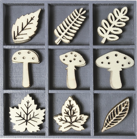 Dřevěné ozdoby v boxu 45ks - houby, listy