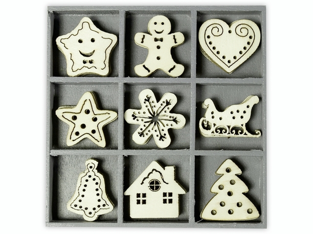 Dřevěné ozdoby v boxu 45ks - vánoce