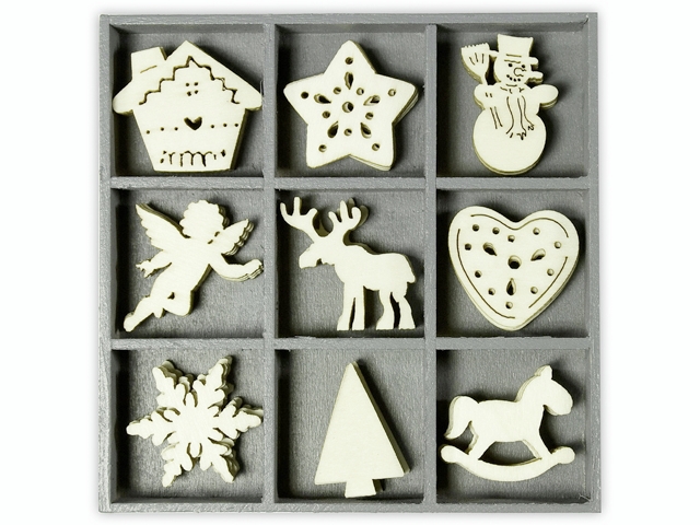 Dřevěné ozdoby v boxu 45ks - vánoce