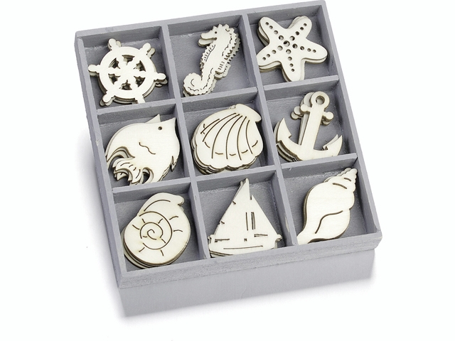 Dřevěné ozdoby v boxu 45ks - mořský svět