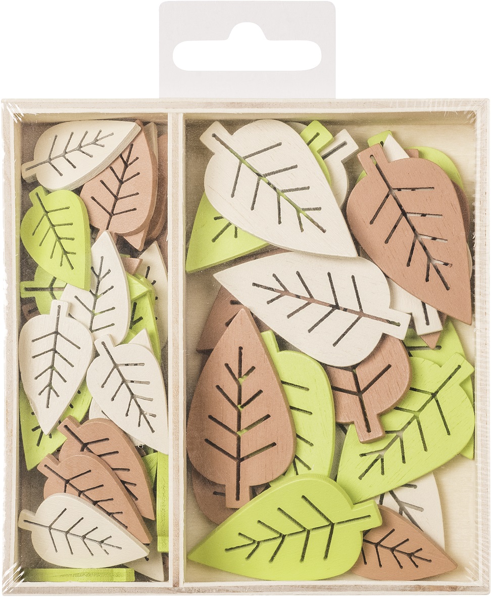 Dřevěné ozdoby v boxu 54 ks - lístky
